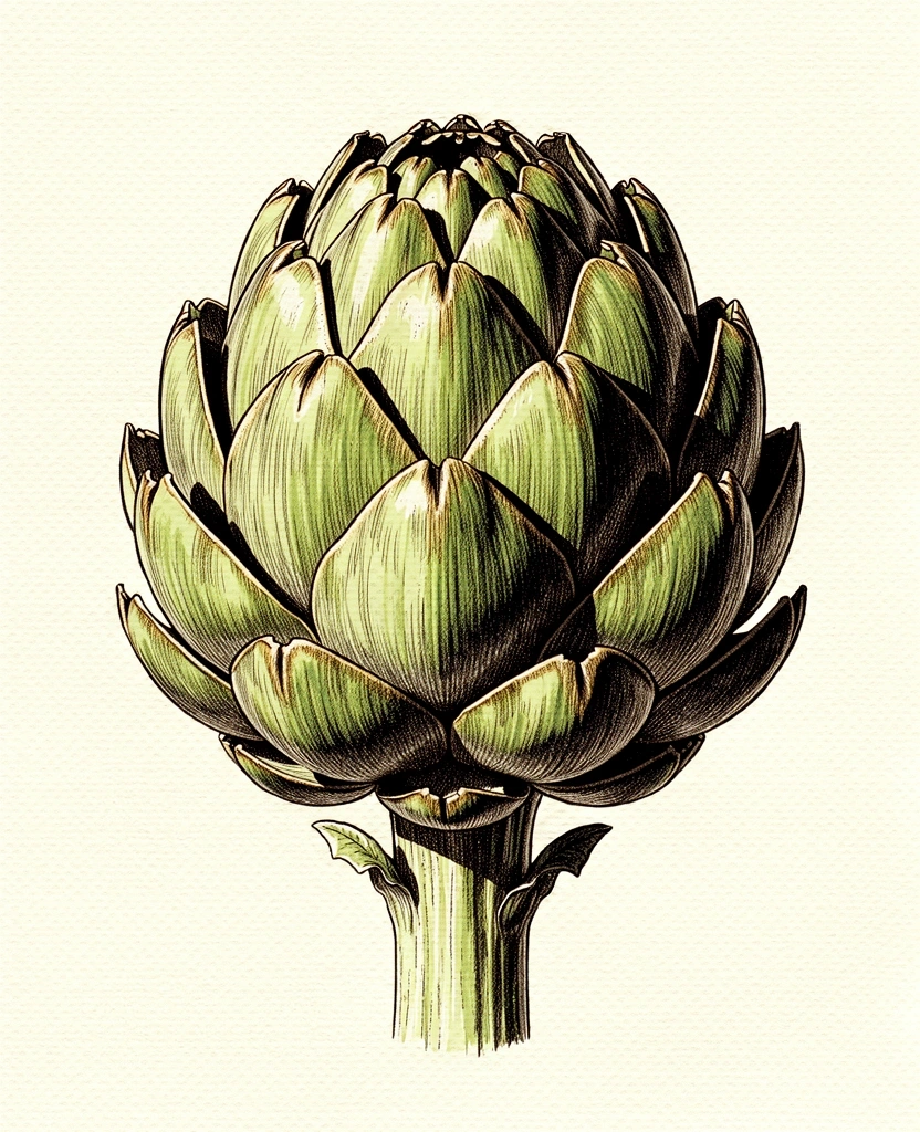 Scientific botanical illustration of a seasonal artichoke